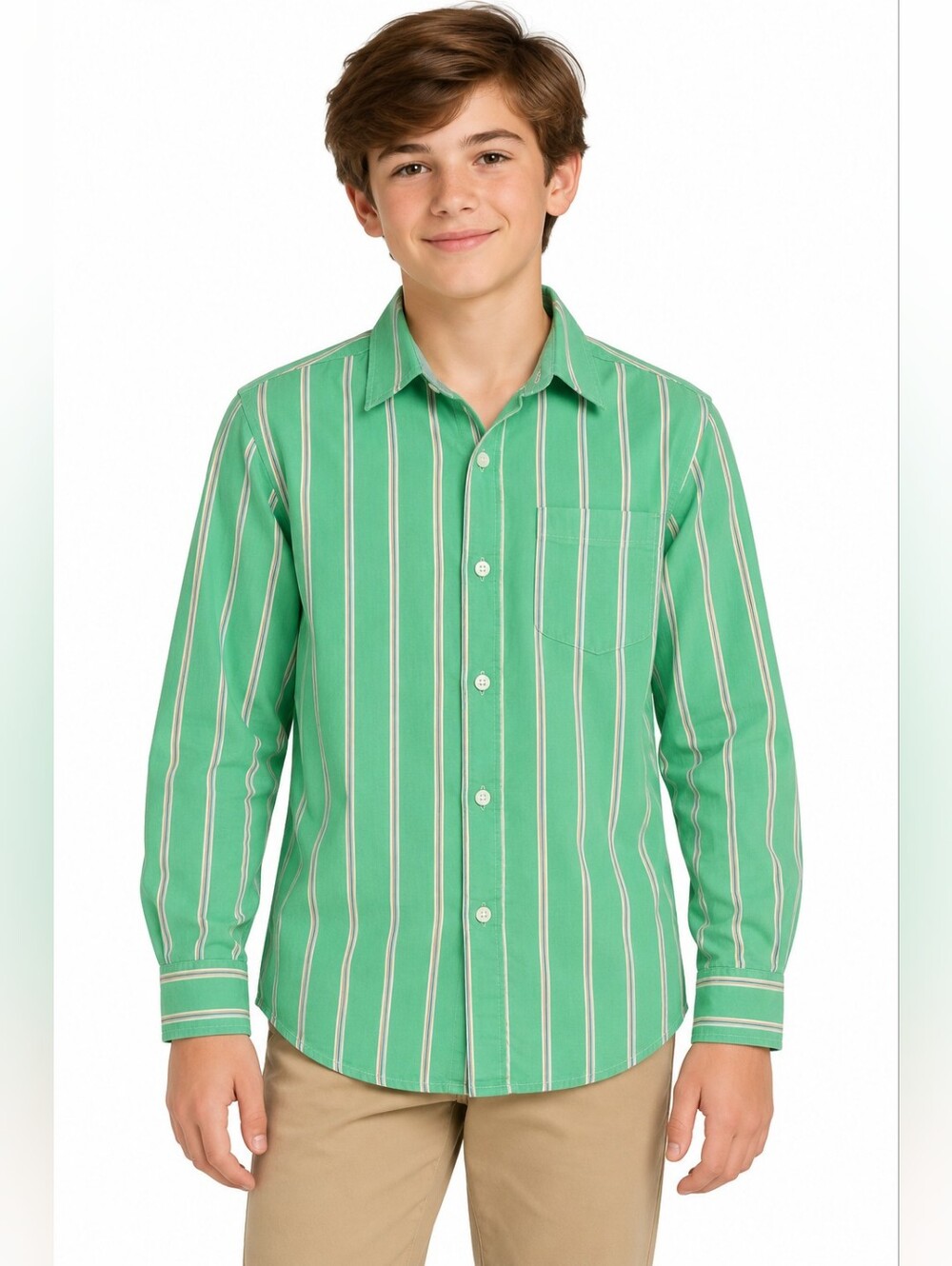 OshKosh B’gosh Boys 14/16 Green Striped Button Front Shirt 100% Cotton